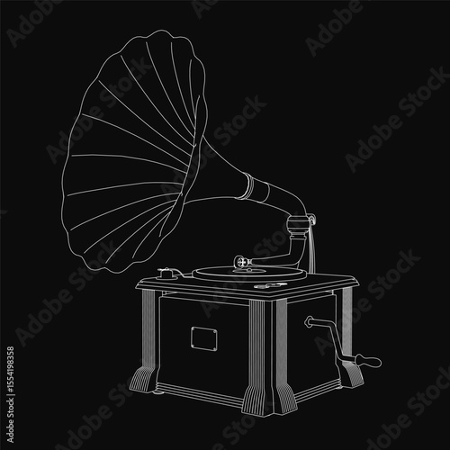 An old gramophone stands out against a solid black background, captured in black and white. The iconic shape, large horn, and handle are prominently featured, evoking vintage nostalgia.