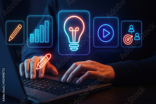 Person using laptop with glowing digital icons showing pencil graph lightbulb play button and target marketing