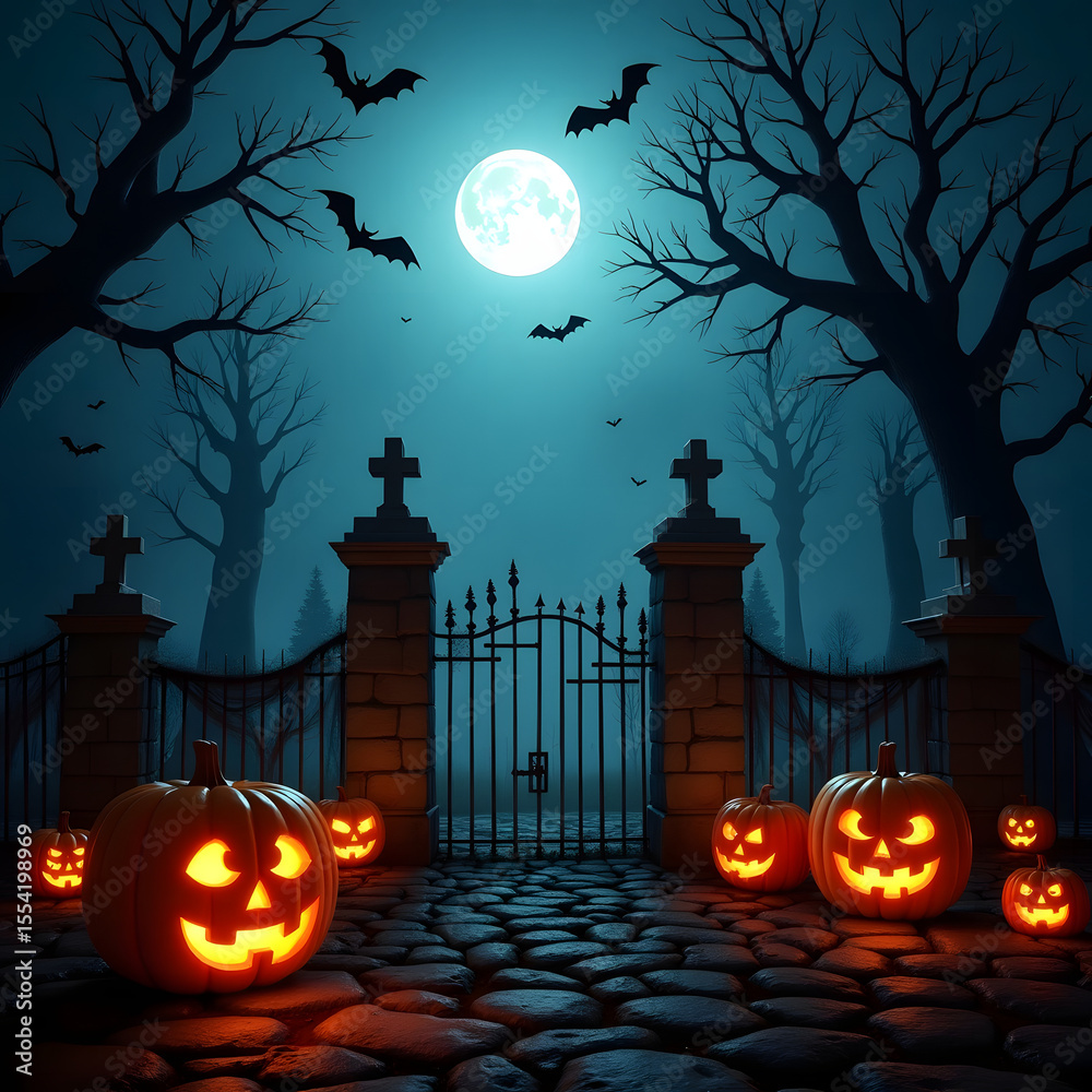 Fototapeta premium Glowing Pumpkins on Stone Path to Spooky Gate at Night