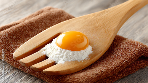 Cooking With Eggs and Flour on a Wooden Spoon Placed on a Towel in a Kitchen