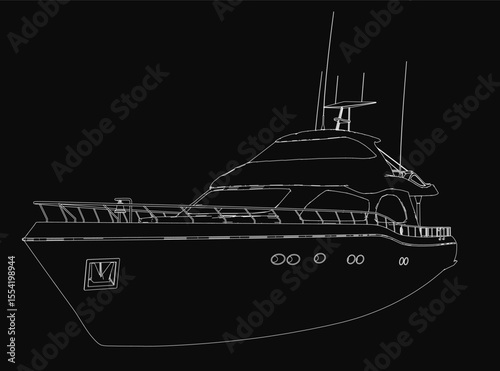 A black and white yacht drawing on a dark background, featuring intricate details of the hull, sails, and rigging. The monochrome style highlights the vessel's elegant design and craftsmanship.