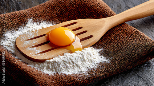 Fresh Egg Yolk Resting on a Wooden Spatula Above a Bed of Flour on a Textured Cloth