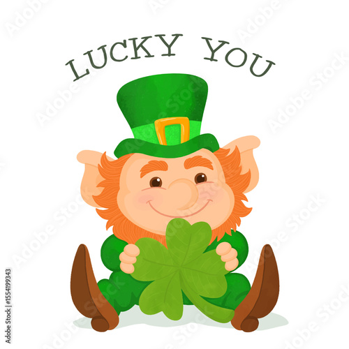 Cute leprechaun lucky elf dwarf bearded small man. St. Patrick's day icon, Irish mythology fantasy gnome character.