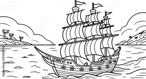 
Classic Sailing Ship Navigating Coastal Waters