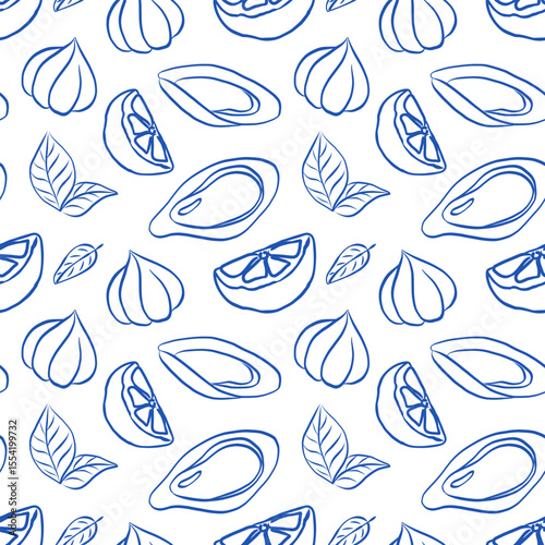 Blue Line Art Seafood Pattern
