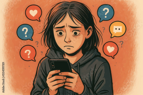 Vector illustration of a worried girl looking at her phone, surrounded by question and heart icons symbolizing digital anxiety.