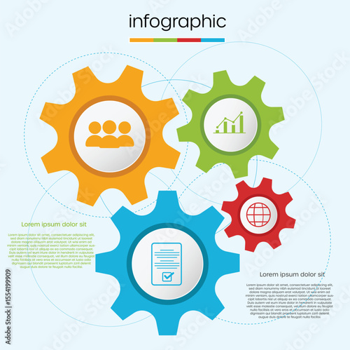 Business process infographic template with 4 steps. Vector of colorful gears with icons representing teamwork, data analysis, and planning for a presentation, workflow diagram, or strategic report.