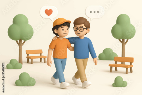 Vector illustration of two boys walking and talking in a park, sharing emotions and support through heart and chat bubbles.