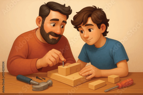 Vector-style illustration of a father helping his son build with wood, highlighting bonding, guidance, and emotional connection.