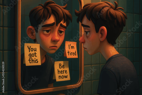 A vector illustration of a sad boy looking in the mirror with motivational sticky notes, expressing emotional fatigue and encouragement.