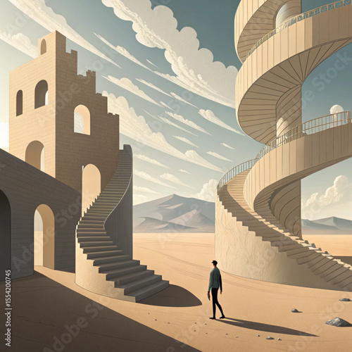 Fantasy Landscape with Skyward Stairs and Disorienting Floating Arches