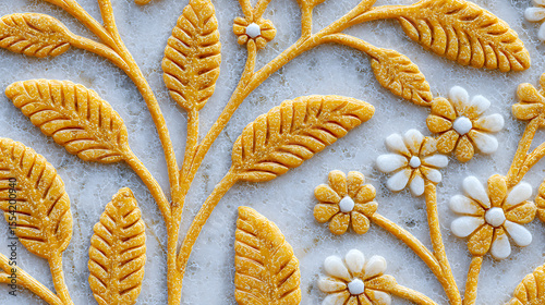 Intricate Wall Design Featuring Floral and Leaf Patterns Carved in Contrasting Colors in a Bright Setting