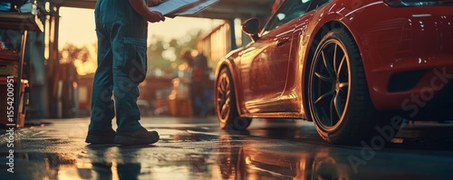 Auto check-up and car service shop concept: Mechanic writes a job checklist to estimate the repair costs for a client at the workshop garage., Generative AI