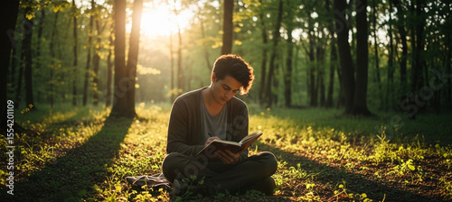 Young Man Writing in Journal in Sunny Forest Creative Writing Outdoors: Inspiration in Nature