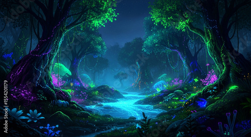Luminous Enchanted Forest: Bioluminescent River at Night

Magical Glow-in-the-Dark Fantasy Forest Landscape