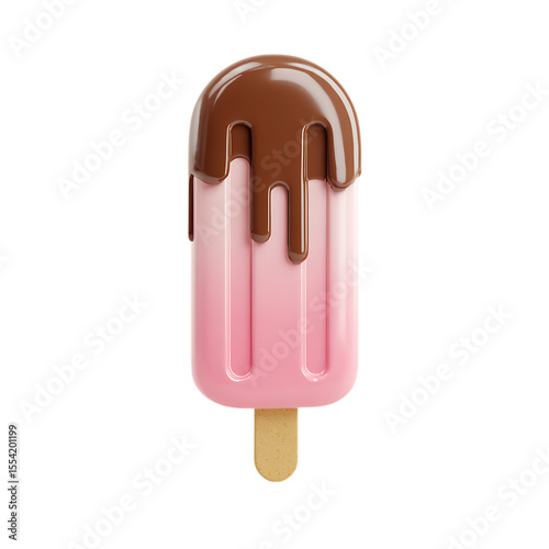 A delicious pink ice cream bar with chocolate syrup dripping down its sides isolated on transparent background