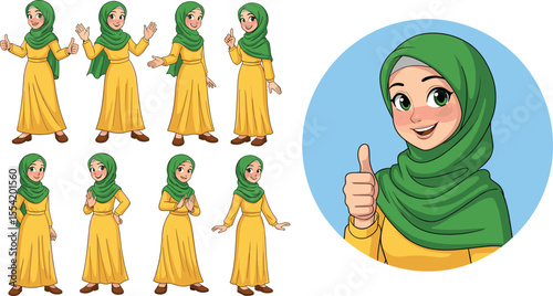 Smiling Muslim girl cartoon, hijab character set, yellow dress avatar, green scarf woman illustration, thumbs up pose, Islamic female vector design pack.