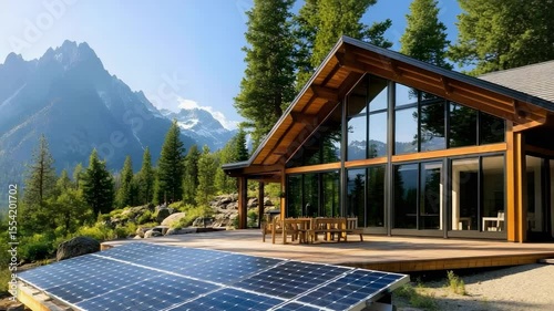 A modern house with large windows, surrounded by trees and mountains, featuring solar panels on its deck.