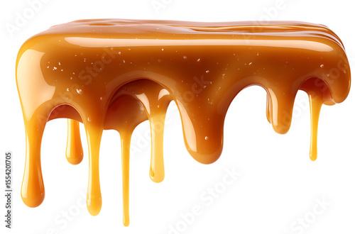 Rich golden caramel sauce dripping in elegant strands with tiny salt crystals isolated on transparent background