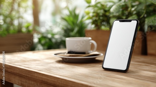 Modern phone with blank screen on a wooden table next to a cup of coffee and plants in the background Relaxing peaceful scene
