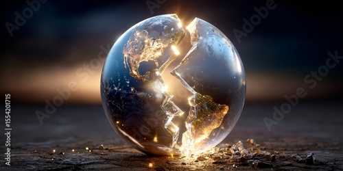 Planet earth breaking apart showing north and south america, revealing molten core