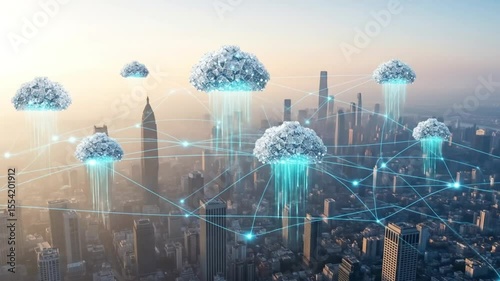 A futuristic cityscape is interconnected by a network of digital clouds symbolizing cloud computing and data connectivity