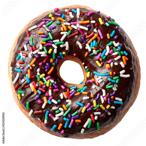 Delicious chocolate frosted donut with colorful sprinkles isolated on transparent background