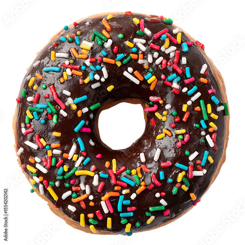Delicious chocolate iced donut with colorful sprinkles isolated on transparent background