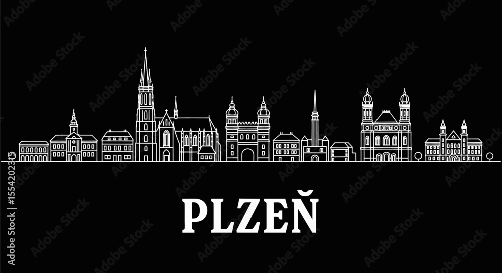 Fototapeta premium Plzen Czech Republic Skyline White Outline.