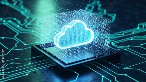 A glowing blue cloud computing symbol is shown in a 3d rendering on a circuit board