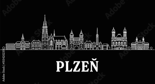 Plzen Czech Republic Skyline White Outline.