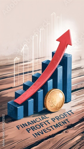 A blue and red graph with a red arrow and a coin