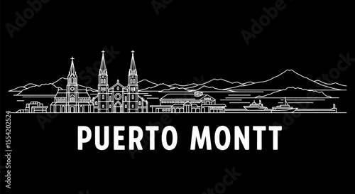 Puerto Montt Skyline with Chile Vector outline.