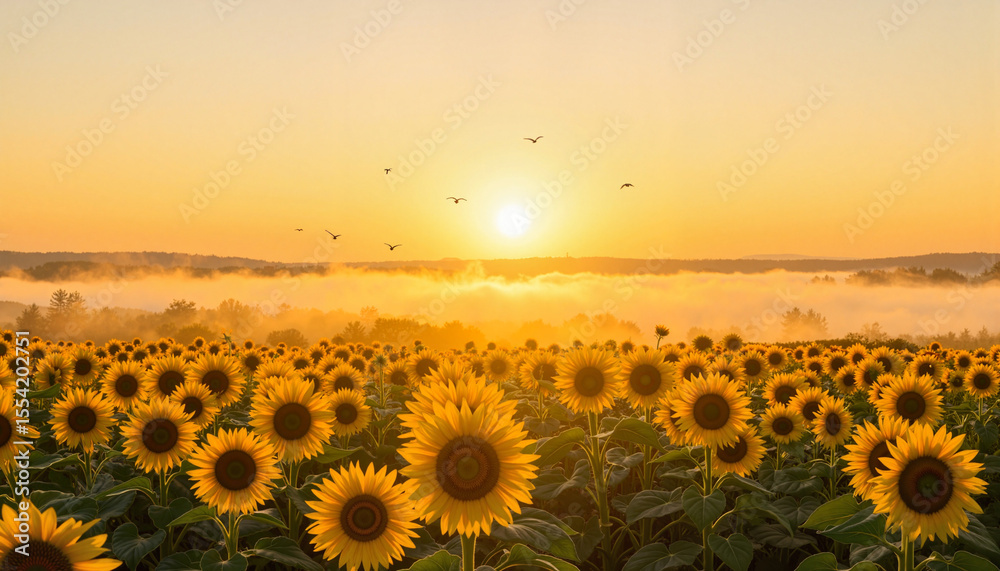 Obraz premium Blooming sunflowers at dawn with warm sunrise light, summer serenity