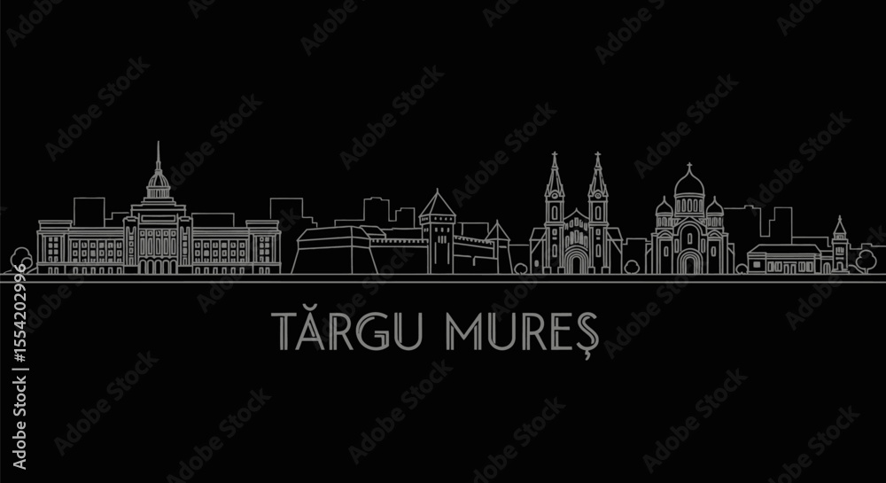 Fototapeta premium Targu Mures Skyline with Romania, Vector, and Black.