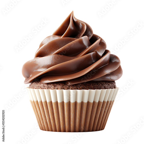 Delicious chocolate cupcake with rich frosting swirled on top in a fluted paper liner isolated on transparent background