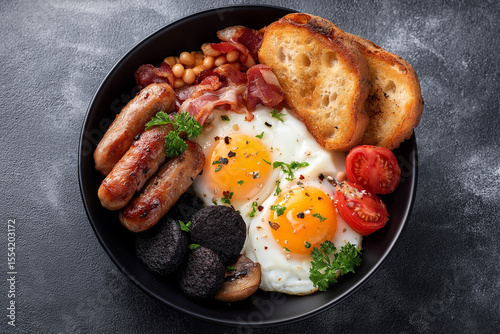 Traditional English breakfast with eggs and bacon
