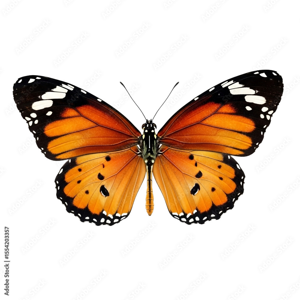 Fototapeta premium A vibrant orange butterfly with black and white markings is centered in the image