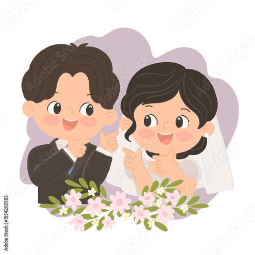 Bride and groom in beautiful outfits. Happy wedding of man and woman.
