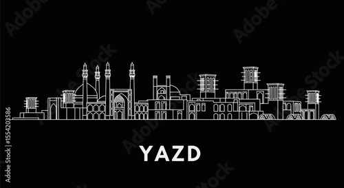 Yazd with Iran Skyline Landmark Vector Silhouette.