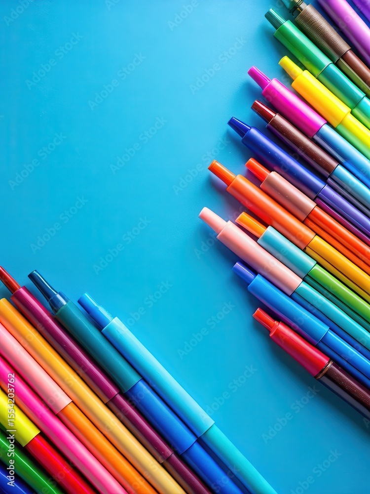 Fototapeta premium Colorful markers with vibrant colors scattered on a clean blue background