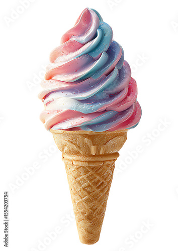 Swirled pink blue and white soft serve ice cream cone isolated on transparent background