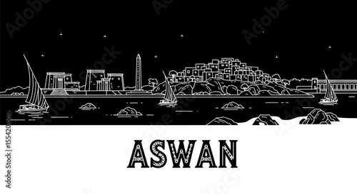 Aswan Egypt Skyline Nile River Silhouette.