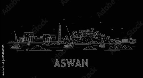 Aswan Skyline with Egypt Nile River, and Travel Outline.