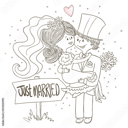 Bride and groom in beautiful outfits. Happy wedding of man and woman.