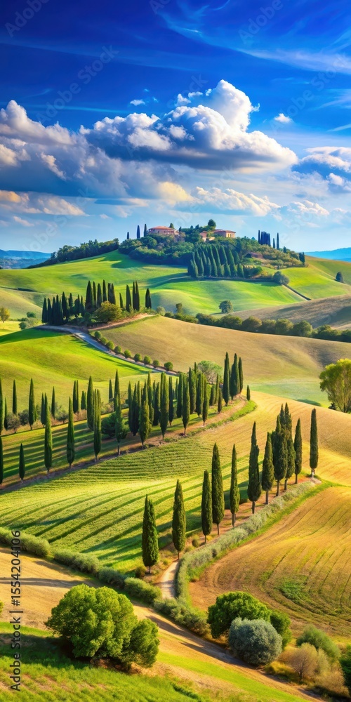 Fototapeta premium Rolling hills of Tuscany with cypress trees under a bright blue sky