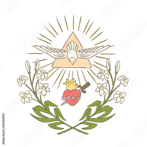 Holy Spirit Pentecost Sunday vector greetings. Symbol of the holy gosht.