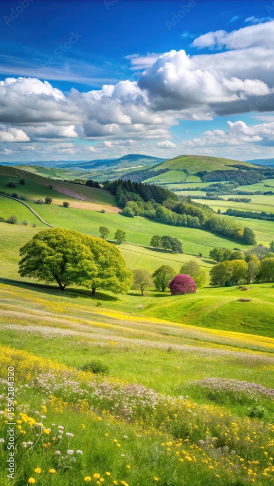 Obraz premium Rolling green hills of Alnwick Pastures in Northumberland with wildflowers blooming on a sunny spring day