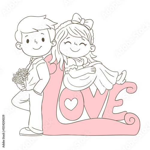 Bride and groom in beautiful outfits. Happy wedding of man and woman.