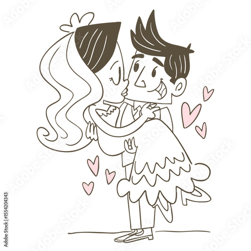 Bride and groom in beautiful outfits. Happy wedding of man and woman.